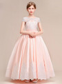 Shop 2019 Long & Short A-Line Pink Satin Lace Scoop Cap Sleeve Flower Girl Dress With Factory Price From Kemedress