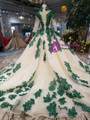 Shop 2019 Long & Short Champagne Ball Gown Tulle Sequins Green Sequins Appliques Long Sleeve Wedding Dress With Factory Price From Kemedress