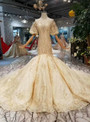 Shop 2019 Long & Short Champagne Mermaid Lace Tulle Puff Sleeve Backless Wedding Dress With Factory Price From Kemedress