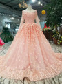 Shop 2019 Long & Short Pink Ball Gown Tulle Long Sleeve Appliques Wedding Dress With Beading With Factory Price From Kemedress
