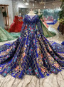 Shop 2019 Long & Short Blue Ball Gown Sequins Long Sleeve Embriodery Appliques Wedding Dress With Factory Price From Kemedress