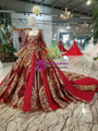 Shop 2019 Long & Short Red And Gold Sequins Square Neck Short Sleeve Backless Wedding Dress With Factory Price From Kemedress