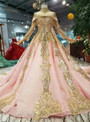 Shop 2019 Long & Short Pink Ball Gown High Neck Long Sleeve Sequins Appliques Wedding Dress With Removable Train With Factory Price From Kemedress