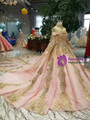 Shop 2019 Long & Short Pink Ball Gown High Neck Long Sleeve Sequins Appliques Wedding Dress With Removable Train With Factory Price From Kemedress
