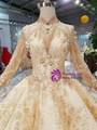 Shop 2019 Long & Short Champagne Ball Gown Lace High Neck Backless Long Sleeve Wedding Dress With Factory Price From Kemedress