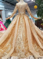 Shop 2019 Long & Short Champagne Gold Tulle Sequins Bateau Long Sleeve Crystal Wedding Dress With Train With Factory Price From Kemedress