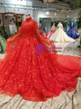 Shop 2019 Long & Short Red Ball Gown Lace Long Sleeve High Neck Wedding Dress With Long Train With Factory Price From Kemedress