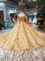 Shop 2019 Long & Short Champagne Tulle Sequins Square Long Sleeve Beading Wedding Dress With Long Train With Factory Price From Kemedress