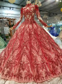 Shop 2019 Long & Short Red Ball Gown Sequins High Neck Long Sleeve Beading Wedding Dress With Removable Shoulder Ornament With Factory Price From Kemedress