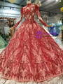 Shop 2019 Long & Short Red Ball Gown Sequins High Neck Long Sleeve Beading Wedding Dress With Removable Shoulder Ornament With Factory Price From Kemedress