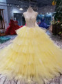 Shop 2019 Long & Short Yellow Ball Gown Tulle High Neck Backless Beaidng Wedding Dress With Train With Factory Price From Kemedress