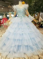 Shop 2019 Long & Short Blue Ball Gown Tulle Appliques Long Sleeve Wedding Dress With Feather With Factory Price From Kemedress