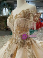 Shop 2019 Long & Short Champagne Ball Gown Tulle Sequins Gold Sequins Appliques Off The Shoulder Wedding Dress With Factory Price From Kemedress