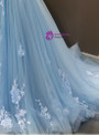 Blue Ball Gown Tulle Appliques Off The Shoulder Backless Sweet 16 Prom Dresses