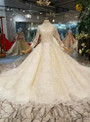 Shop 2019 Long & Short Champagne Ball Gown Lace Tulle High Neck Long Sleeve Wedding Dress With Train With Factory Price From Kemedress