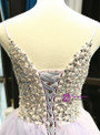 Light Purple Tulle Spaghetti Straps Tulle Backless Crystal Prom Dress