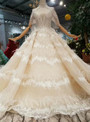 Shop 2019 Long & Short Champagne Ball Gown Tulle Deep V-neck Backless Wedding Dress With Feather With Factory Price From Kemedress