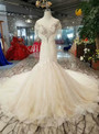 Shop 2019 Long & Short Champagne Tulle Mermaid Cap Sleeve Backless Beading Wedding Dress With Pearls With Factory Price From Kemedress