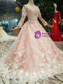 Shop 2019 Long & Short Pink Ball Gown Tulle White Appliques High Neck Long Sleeve Wedding Dress With Factory Price From Kemedress