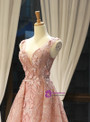 Pink Ball Gown V-neck Backless Lace Appliques Sequins Prom Dress