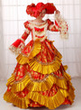 Shop 2019 Long & Short Gold And Red Satin Print Puff Sleeve Drama Show Vintage Gown Dress With Factory Price From Kemedress