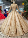 Shop 2019 Long & Short Champagne Gold Ball Gown Sequins High Neck Long Sleeve Wedding Dress With Factory Price From Kemedress