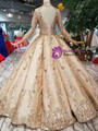 Shop 2019 Long & Short Champagne Gold Ball Gown Sequins High Neck Long Sleeve Wedding Dress With Factory Price From Kemedress