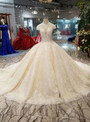 Shop 2019 Long & Short Champagne Ball Gown High Neck Cap Sleeve Backless Wedding Dress With Beading With Factory Price From Kemedress