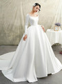 Shop 2019 Long & Short White Ball Gown Satin Bateau Long Sleeve Wedding Dress With Train With Factory Price From Kemedress