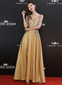 Shop 2019 Long & Short In Stock:Ship in 48 Hours Gold Satin Sequins V-neck Half Sleeve Prom Dress With Factory Price From Kemedress