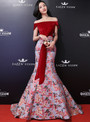 Shop 2019 Long & Short In Stock:Ship in 48 Hours Red Velvet Print Off The Shoulder Prom Dress With Factory Price From Kemedress