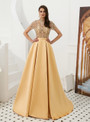 Shop 2019 Long & Short A-Line Champagne Gold Satin High Neck Cap Sleeve Prom Dress With Beading With Factory Price From Kemedress