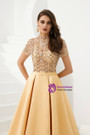 Shop 2019 Long & Short A-Line Champagne Gold Satin High Neck Cap Sleeve Prom Dress With Beading With Factory Price From Kemedress
