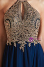 Shop 2019 Long & Short A-Line Navy Blue Chiffon Halter Backless Appliques Long Prom Dress With Factory Price From Kemedress