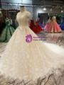 Shop 2019 Long & Short Champagne Ball Gown Tulle Lace High Neck Caps Sleeve Wedding Dress With Factory Price From Kemedress