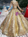 Shop 2019 Long & Short Gold Ball Gown Sequins Long Sleeve Scoop Floor Length Wedding Dress With Factory Price From Kemedress