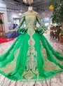 Shop 2019 Long & Short Green Ball Gown Tulle Gold Sequins High Neck Long Sleeve Wedding Dress With Factory Price From Kemedress