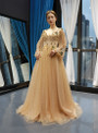 Shop 2019 Long & Short Champagne Gold Tulle Sequins Long Sleeve Appliques Prom Dress With Factory Price From Kemedress