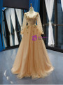 Shop 2019 Long & Short Champagne Gold Tulle Sequins Long Sleeve Appliques Prom Dress With Factory Price From Kemedress