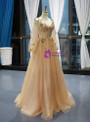 Shop 2019 Long & Short Champagne Gold Tulle Sequins Long Sleeve Appliques Prom Dress With Factory Price From Kemedress