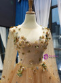 Shop 2019 Long & Short Champagne Gold Tulle Sequins Long Sleeve Appliques Prom Dress With Factory Price From Kemedress