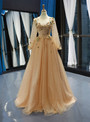 Shop 2019 Long & Short Champagne Gold Tulle Sequins Long Sleeve Appliques Prom Dress With Factory Price From Kemedress
