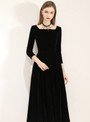 Shop 2019 Long & Short In Stock:Ship in 48 Hours Black Velvet Square 3/4 Sleeve Prom Dress With Factory Price From Kemedress