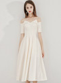 Shop 2019 Long & Short In Stock:Ship in 48 Hours Light Champagne Satin Off The Shoulder Short Sleeve Prom Dress With Factory Price From Kemedress