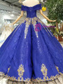 Shop 2019 Long & Short Royal Blue Sequins Off The Shoulder Gold Sequins Appliques Wedding Dress With Beading With Factory Price From Kemedress