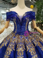 Shop 2019 Long & Short Royal Blue Sequins Off The Shoulder Gold Sequins Appliques Wedding Dress With Beading With Factory Price From Kemedress