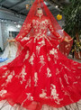 Shop 2019 Long & Short Red Ball Gown Tulle Appliques High Neck Long Sleeve Wedding Dress With Long Train With Factory Price From Kemedress