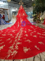 Shop 2019 Long & Short Red Ball Gown Tulle Appliques High Neck Long Sleeve Wedding Dress With Long Train With Factory Price From Kemedress
