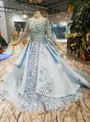 Shop 2019 Long & Short Blue Ball Gown Tulle High Neck Long Sleeve Embroidery Appliques Wedding Dress With Factory Price From Kemedress