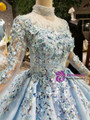 Shop 2019 Long & Short Blue Ball Gown Tulle High Neck Long Sleeve Embroidery Appliques Wedding Dress With Factory Price From Kemedress